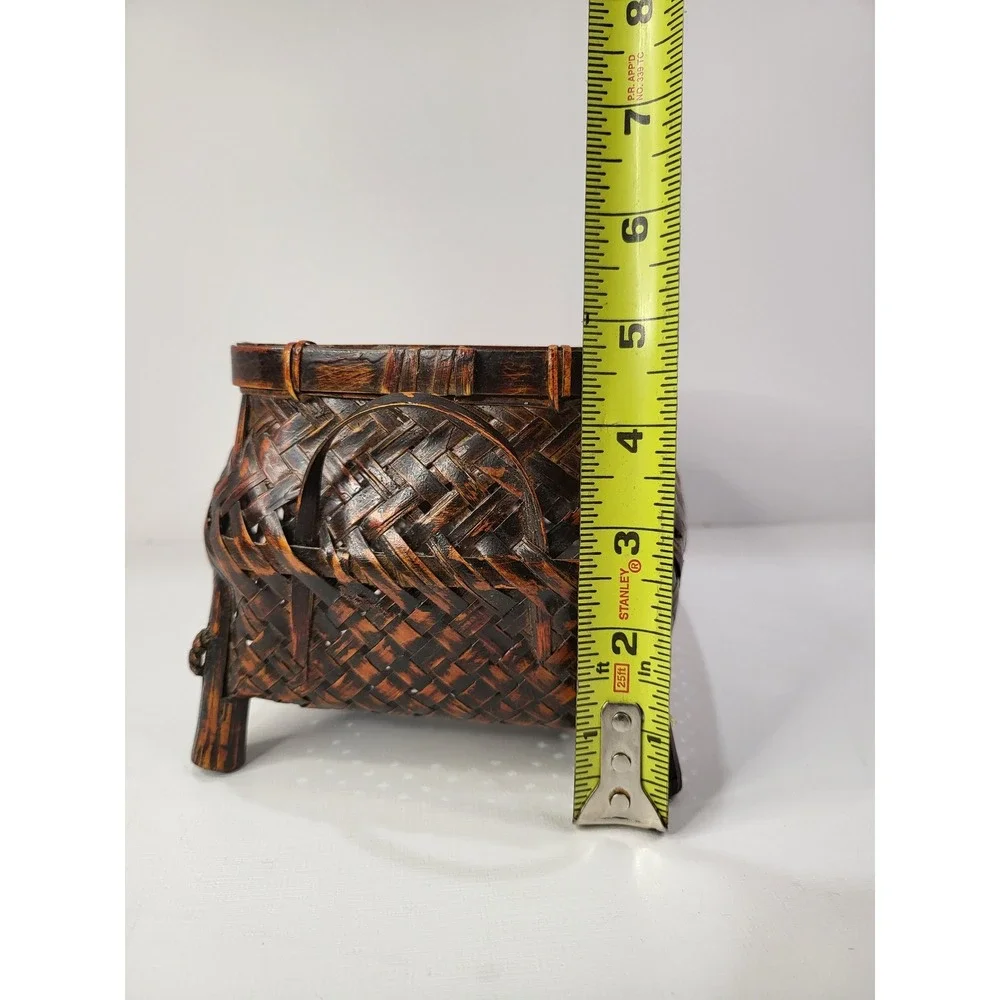 Vintage Woven Bamboo Footed Basket Dark Brown Rectangular Decorative Storage 9x5
